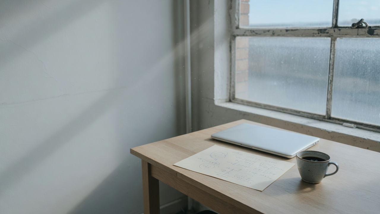 A quiet office desk by a window, laptop closed, a handwritten workflow on paper.