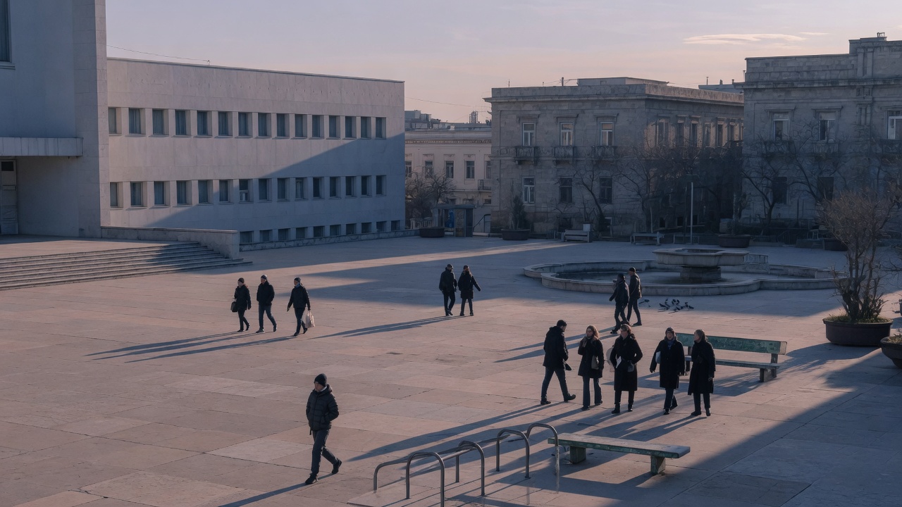 People crossing a city plaza in late light.